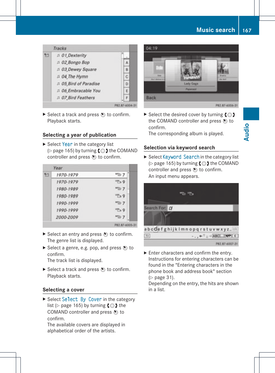 Audio, Music search | Mercedes-Benz C-Coupe 2012 COMAND Manual User Manual | Page 169 / 234