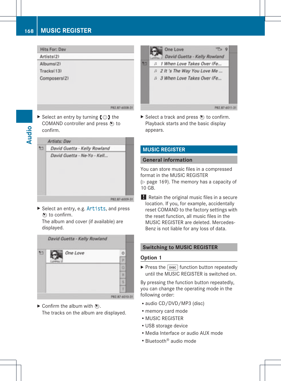 Audio, Music register | Mercedes-Benz C-Coupe 2012 COMAND Manual User Manual | Page 170 / 234