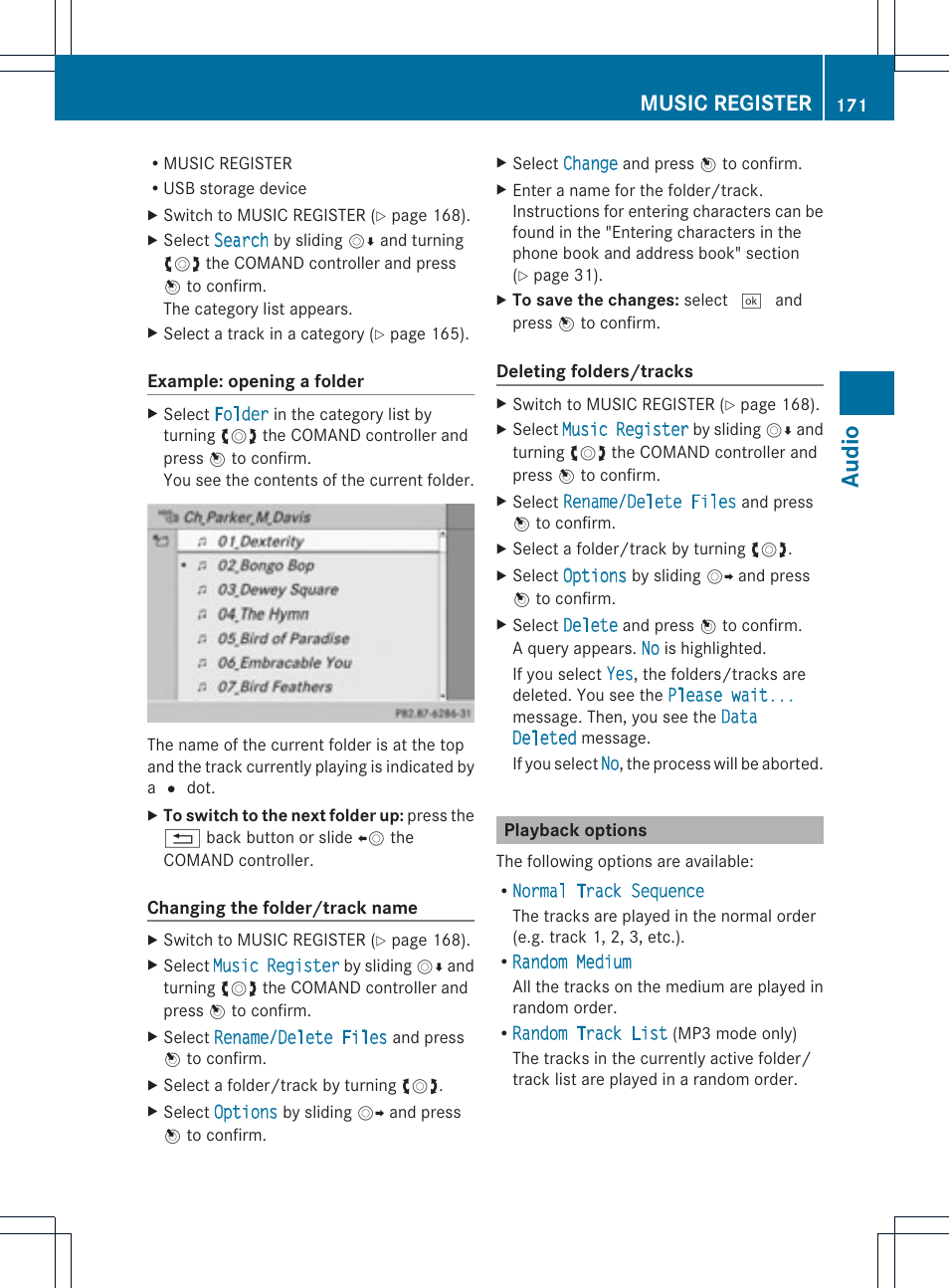 Audio, Music register | Mercedes-Benz C-Coupe 2012 COMAND Manual User Manual | Page 173 / 234