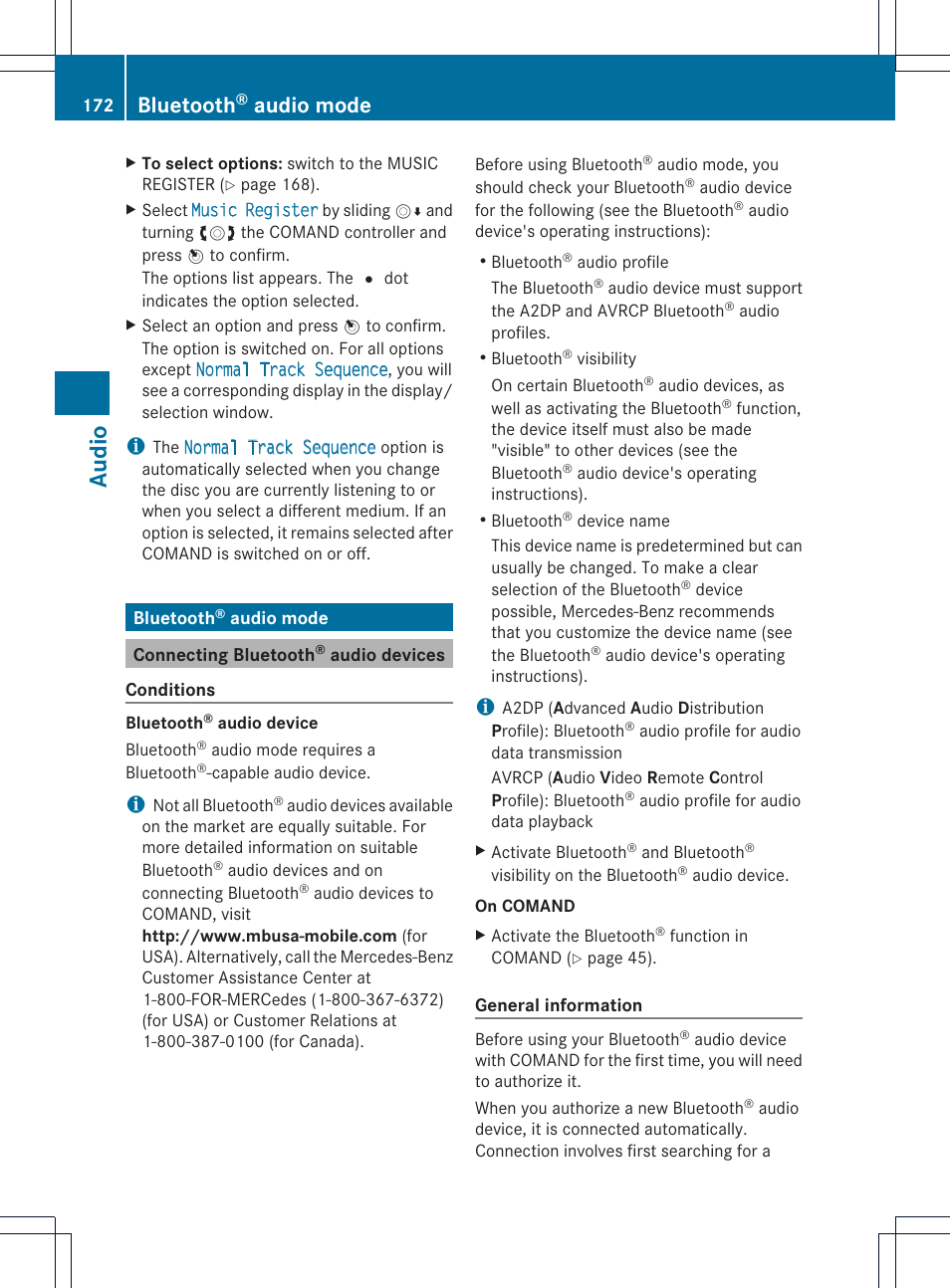 Audio, Bluetooth, Audio mode | Mercedes-Benz C-Coupe 2012 COMAND Manual User Manual | Page 174 / 234