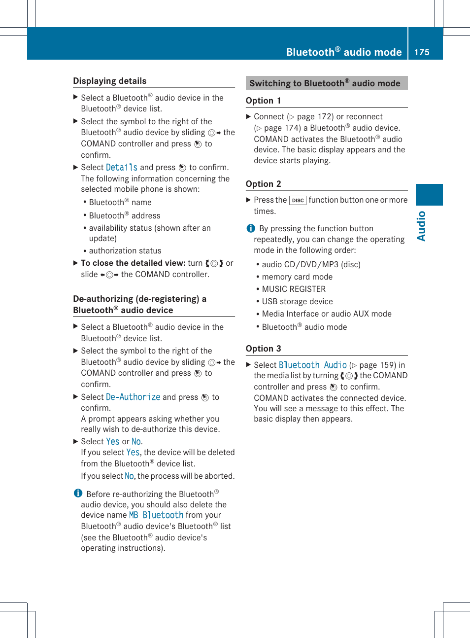 Audio, Bluetooth, Audio mode | Mercedes-Benz C-Coupe 2012 COMAND Manual User Manual | Page 177 / 234