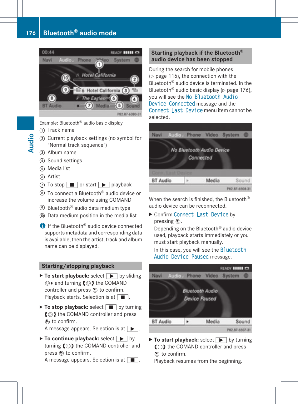 Audio, Bluetooth, Audio mode | Mercedes-Benz C-Coupe 2012 COMAND Manual User Manual | Page 178 / 234