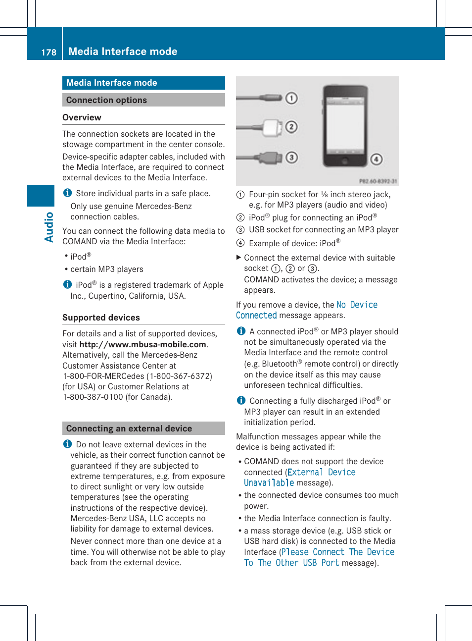 Audio, Media interface mode | Mercedes-Benz C-Coupe 2012 COMAND Manual User Manual | Page 180 / 234