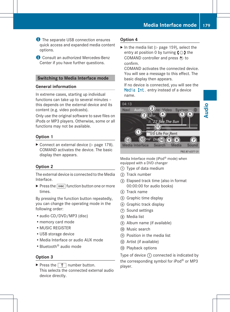 Audio, Media interface mode | Mercedes-Benz C-Coupe 2012 COMAND Manual User Manual | Page 181 / 234