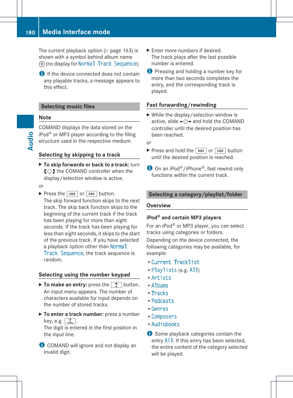 Audio, Media interface mode | Mercedes-Benz C-Coupe 2012 COMAND Manual User Manual | Page 182 / 234