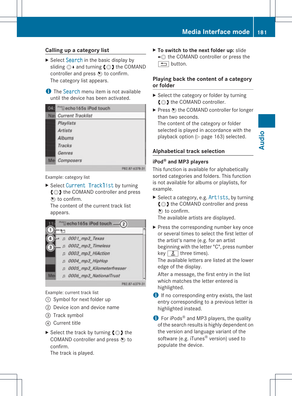Au dio, Media interface mode | Mercedes-Benz C-Coupe 2012 COMAND Manual User Manual | Page 183 / 234