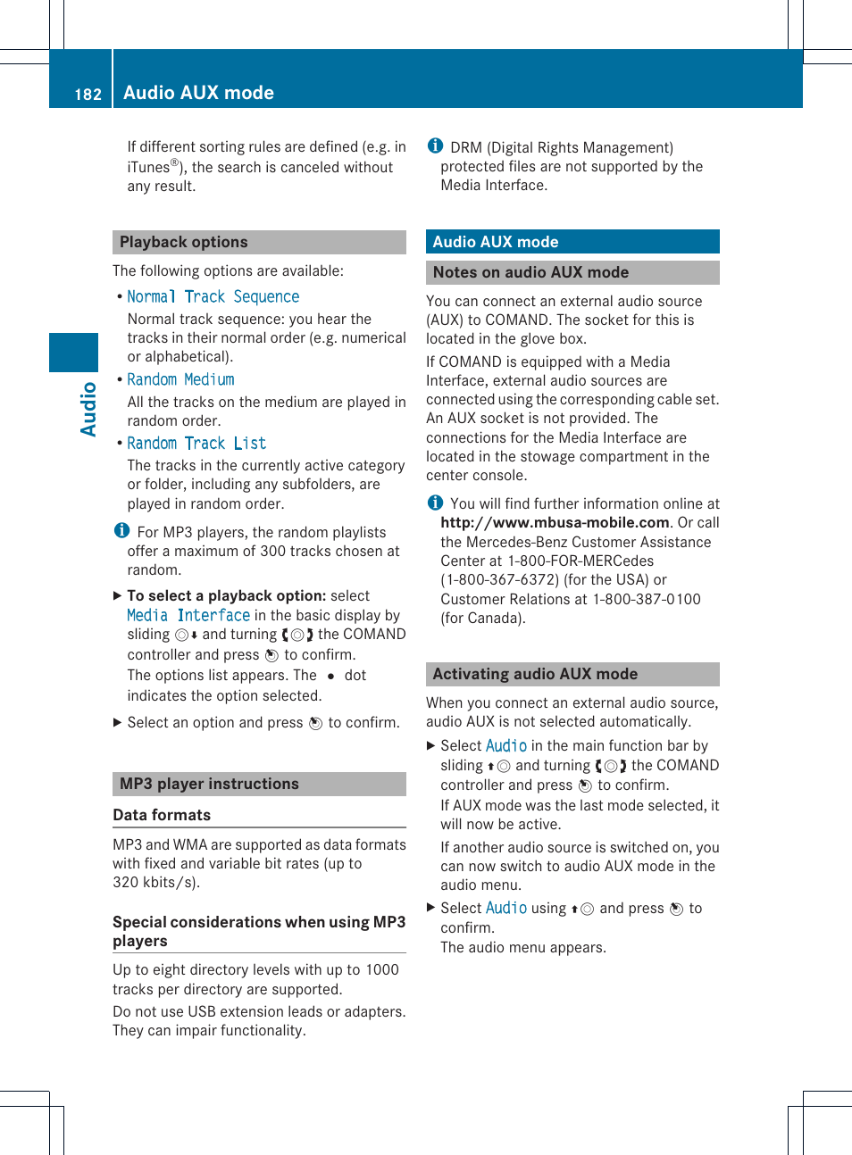 Audio, Audio aux mode | Mercedes-Benz C-Coupe 2012 COMAND Manual User Manual | Page 184 / 234