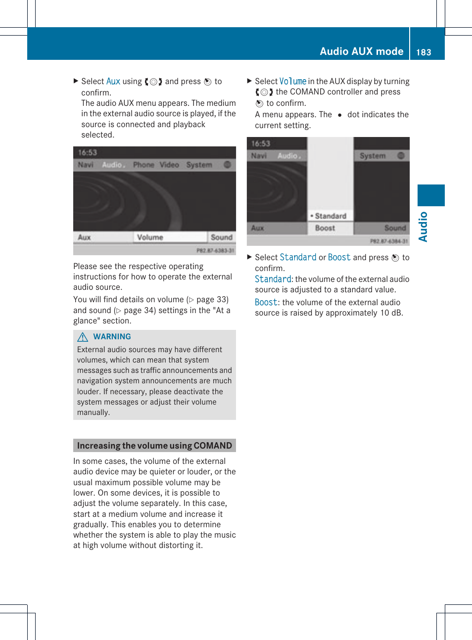 Audio, Audio aux mode | Mercedes-Benz C-Coupe 2012 COMAND Manual User Manual | Page 185 / 234