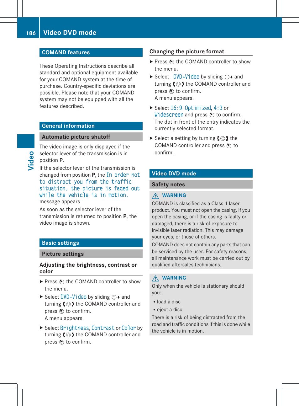 Video, Video dvd mode | Mercedes-Benz C-Coupe 2012 COMAND Manual User Manual | Page 188 / 234