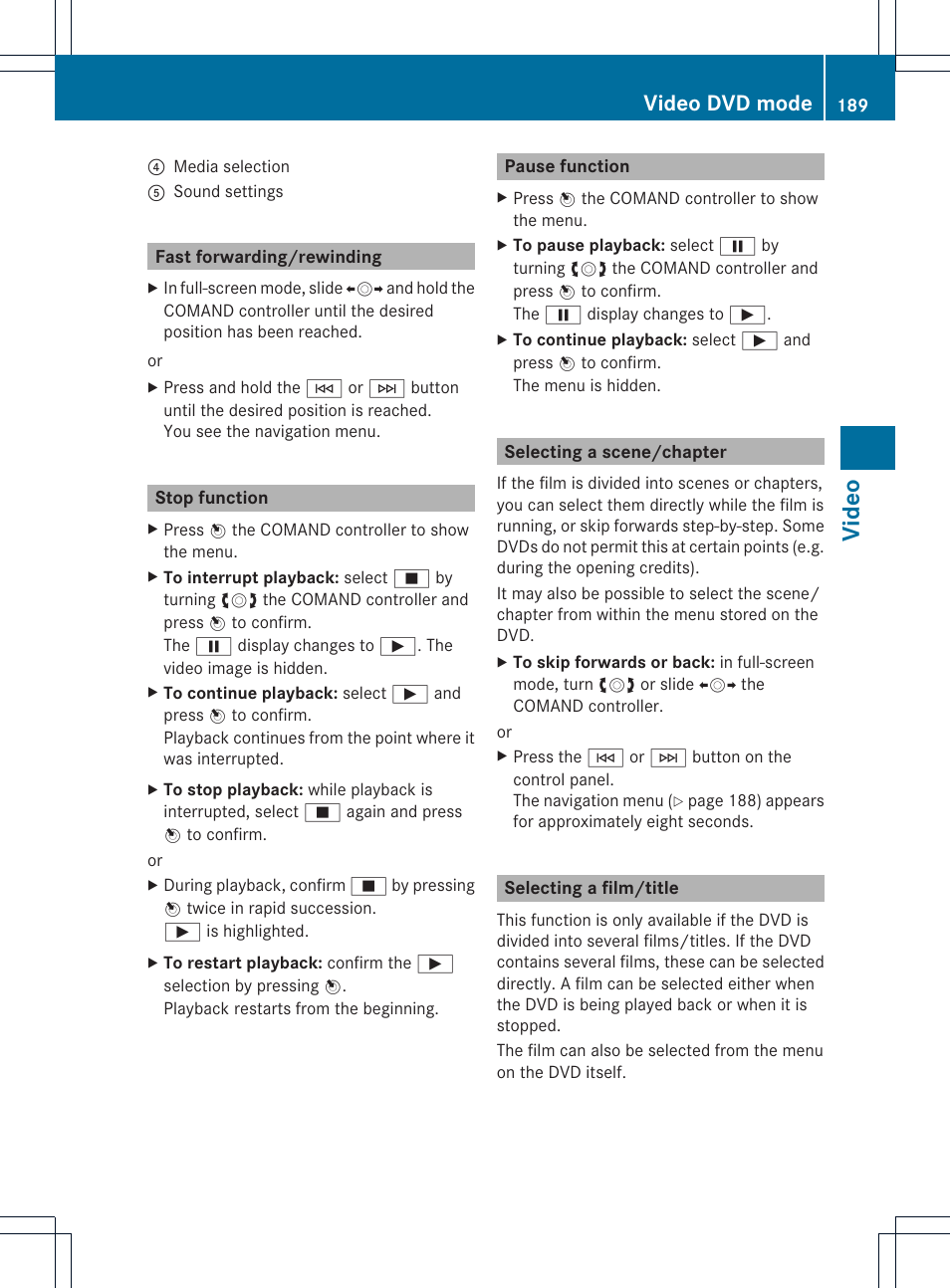 Video, Video dvd mode | Mercedes-Benz C-Coupe 2012 COMAND Manual User Manual | Page 191 / 234
