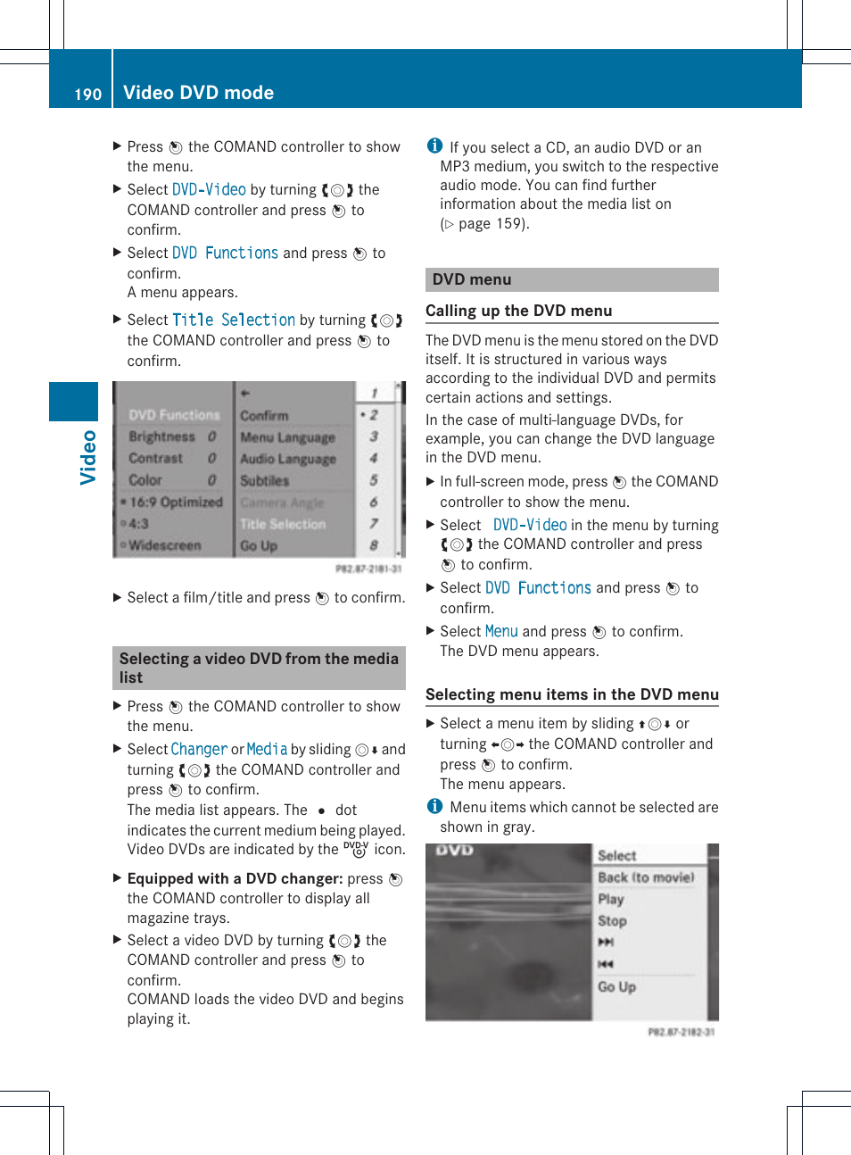 Video, Video dvd mode | Mercedes-Benz C-Coupe 2012 COMAND Manual User Manual | Page 192 / 234