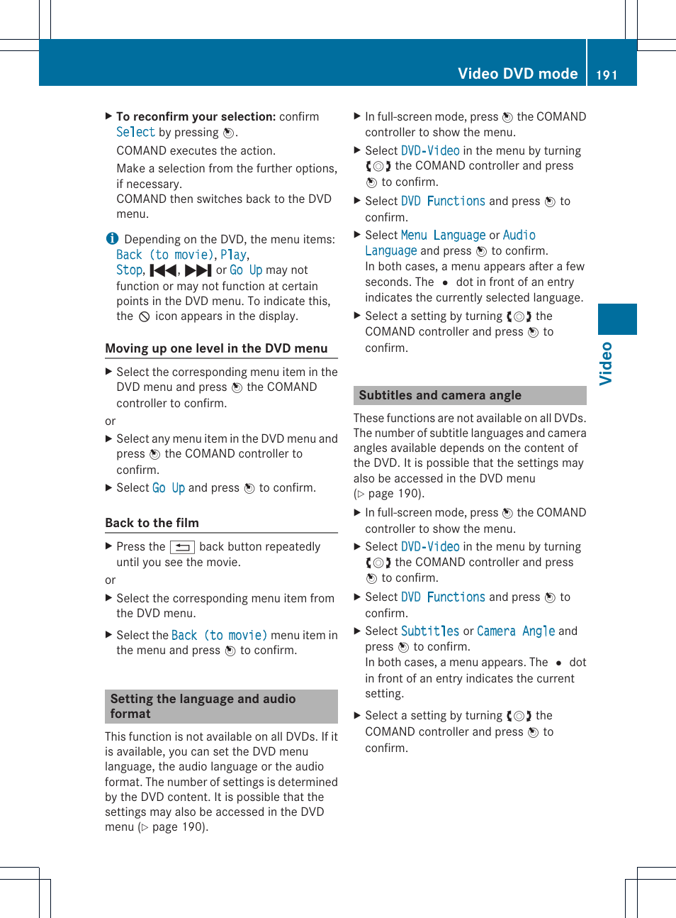 Video, Video dvd mode | Mercedes-Benz C-Coupe 2012 COMAND Manual User Manual | Page 193 / 234