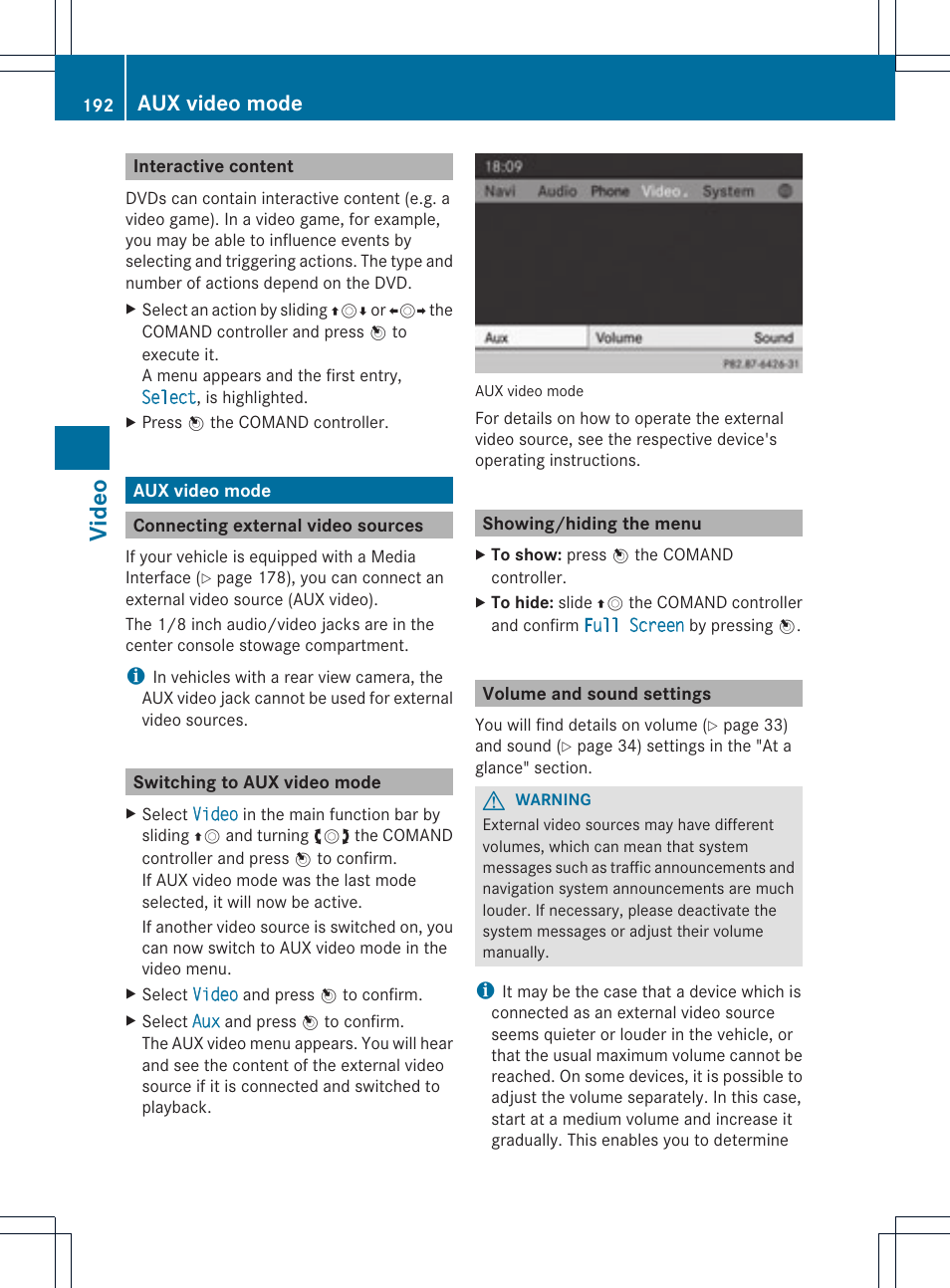 Video, Aux video mode | Mercedes-Benz C-Coupe 2012 COMAND Manual User Manual | Page 194 / 234