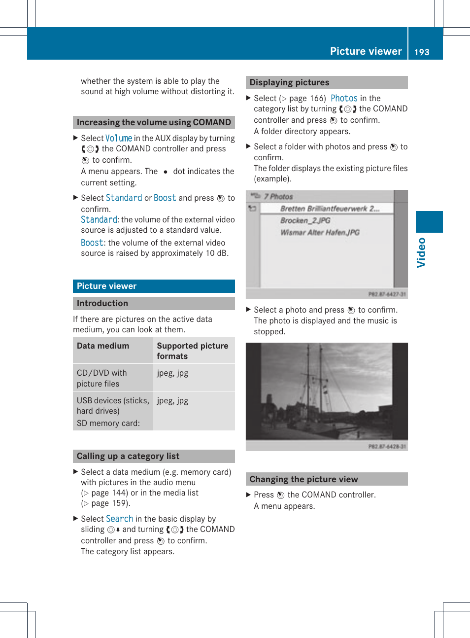 Vid eo, Picture viewer | Mercedes-Benz C-Coupe 2012 COMAND Manual User Manual | Page 195 / 234
