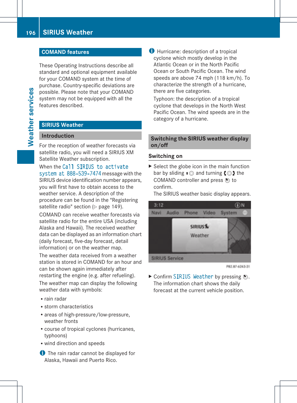 Weat her services, Sirius weather | Mercedes-Benz C-Coupe 2012 COMAND Manual User Manual | Page 198 / 234