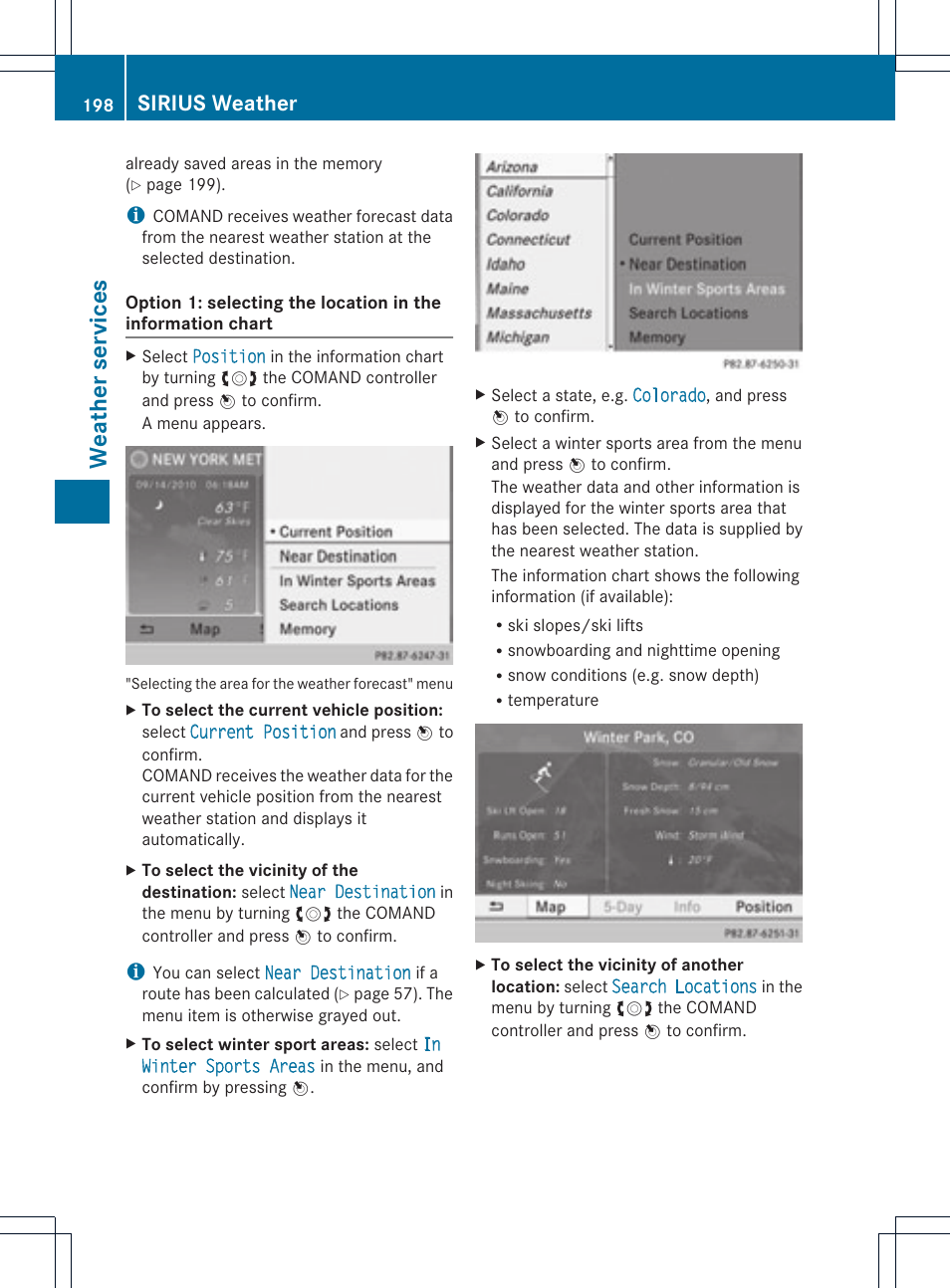 Weat her services, Sirius weather | Mercedes-Benz C-Coupe 2012 COMAND Manual User Manual | Page 200 / 234