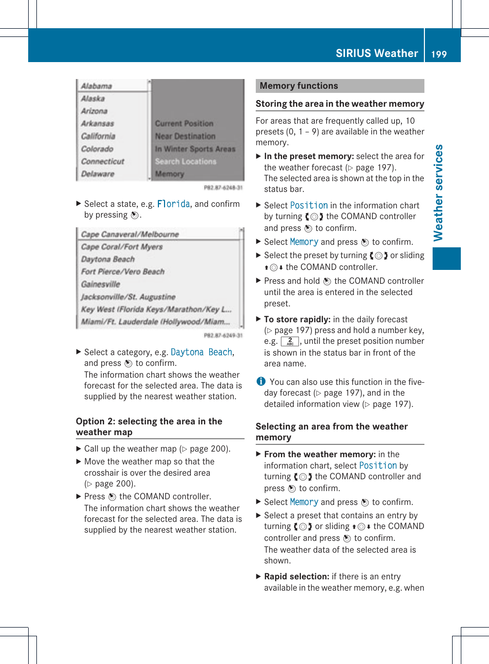 Weath er service s, Sirius weather | Mercedes-Benz C-Coupe 2012 COMAND Manual User Manual | Page 201 / 234