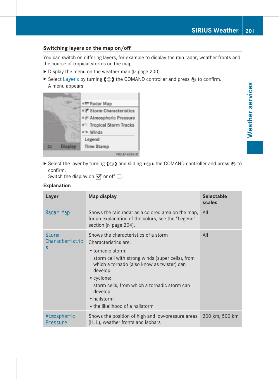 Weat her services, Sirius weather | Mercedes-Benz C-Coupe 2012 COMAND Manual User Manual | Page 203 / 234