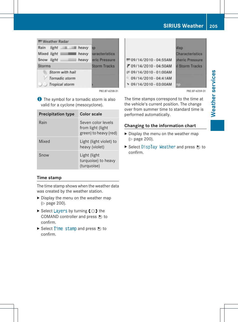 Weath er services, Sirius weather | Mercedes-Benz C-Coupe 2012 COMAND Manual User Manual | Page 207 / 234