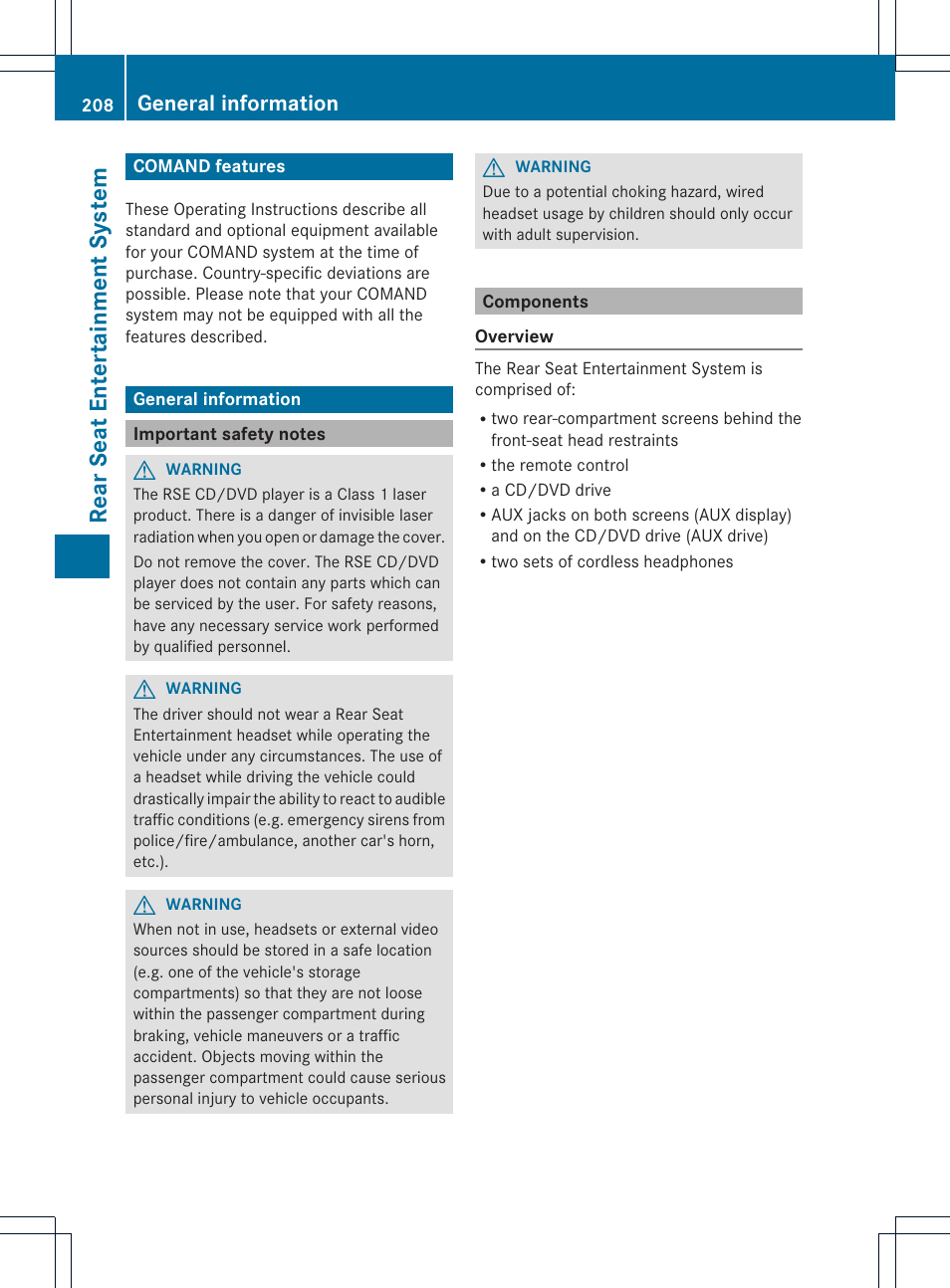 Rea rse at ent er tai nme nt sy ste m, General information | Mercedes-Benz C-Coupe 2012 COMAND Manual User Manual | Page 210 / 234