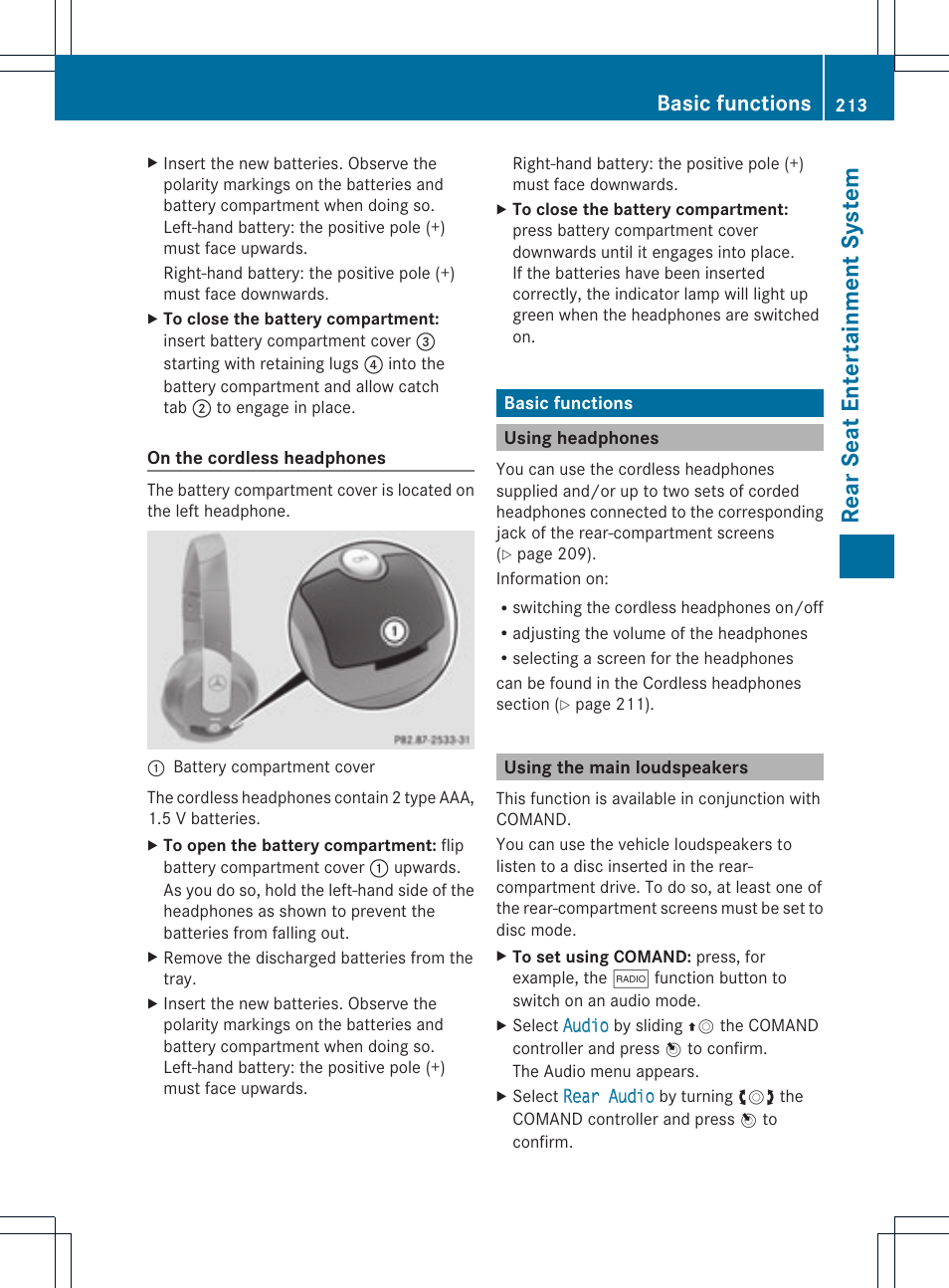 Rear seat ente rtainment system, Basic functions | Mercedes-Benz C-Coupe 2012 COMAND Manual User Manual | Page 215 / 234
