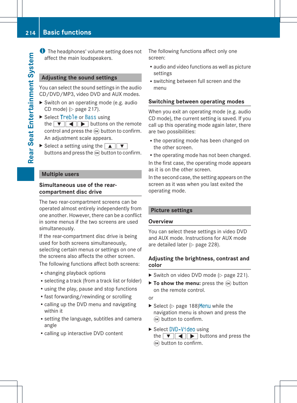 Rear seat entert ainment system, Basic functions | Mercedes-Benz C-Coupe 2012 COMAND Manual User Manual | Page 216 / 234