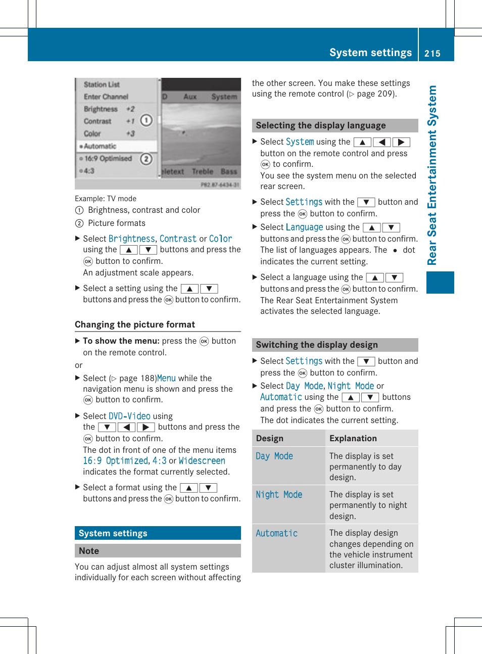 Rea rseat enter ta inment syst em, System settings | Mercedes-Benz C-Coupe 2012 COMAND Manual User Manual | Page 217 / 234