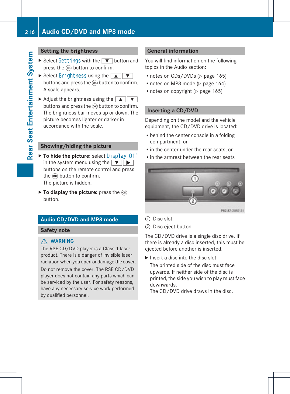 Rear seat entert ainm ent syst em, Audio cd/dvd and mp3 mode | Mercedes-Benz C-Coupe 2012 COMAND Manual User Manual | Page 218 / 234