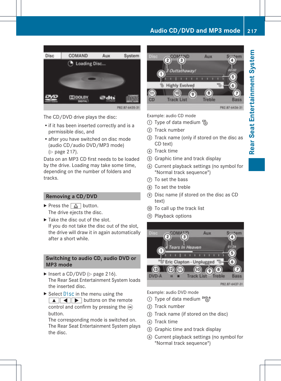 Rear seat enterta inment system, Audio cd/dvd and mp3 mode | Mercedes-Benz C-Coupe 2012 COMAND Manual User Manual | Page 219 / 234