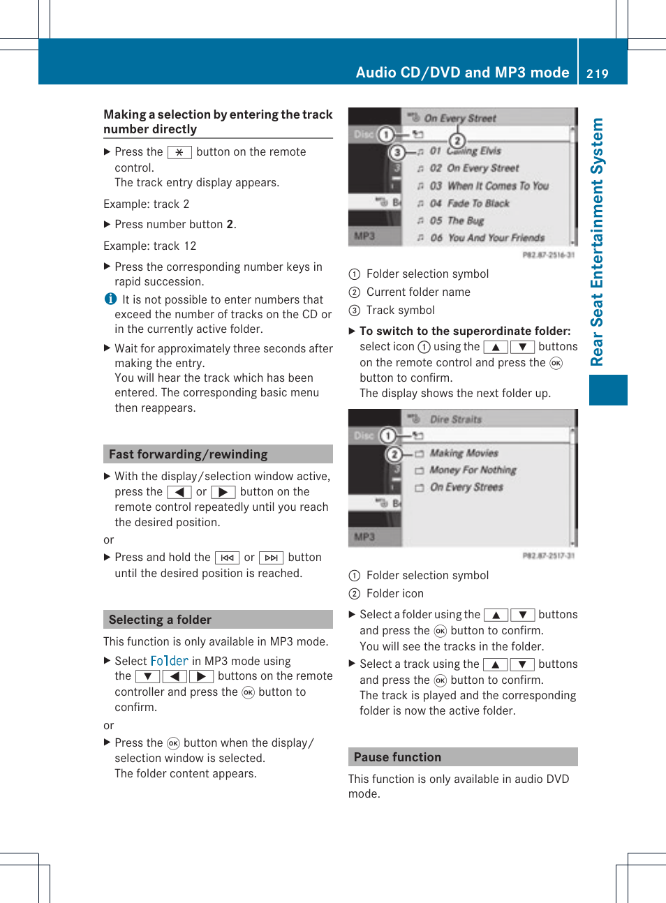 Rear seat entert ainment system, Audio cd/dvd and mp3 mode | Mercedes-Benz C-Coupe 2012 COMAND Manual User Manual | Page 221 / 234