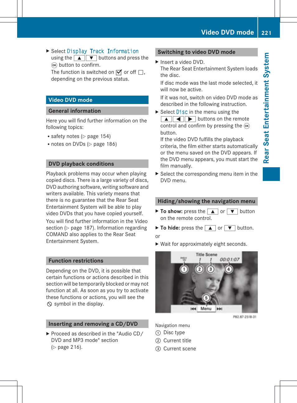 Rear seat enterta inment system, Video dvd mode | Mercedes-Benz C-Coupe 2012 COMAND Manual User Manual | Page 223 / 234
