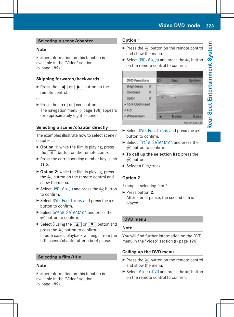 Rea rseat enter ta inment syst em, Video dvd mode | Mercedes-Benz C-Coupe 2012 COMAND Manual User Manual | Page 225 / 234