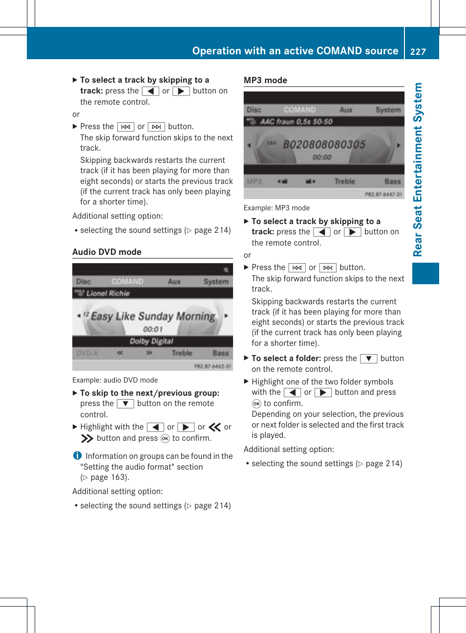 Rear seat entertainm ent system, Operation with an active comand source | Mercedes-Benz C-Coupe 2012 COMAND Manual User Manual | Page 229 / 234