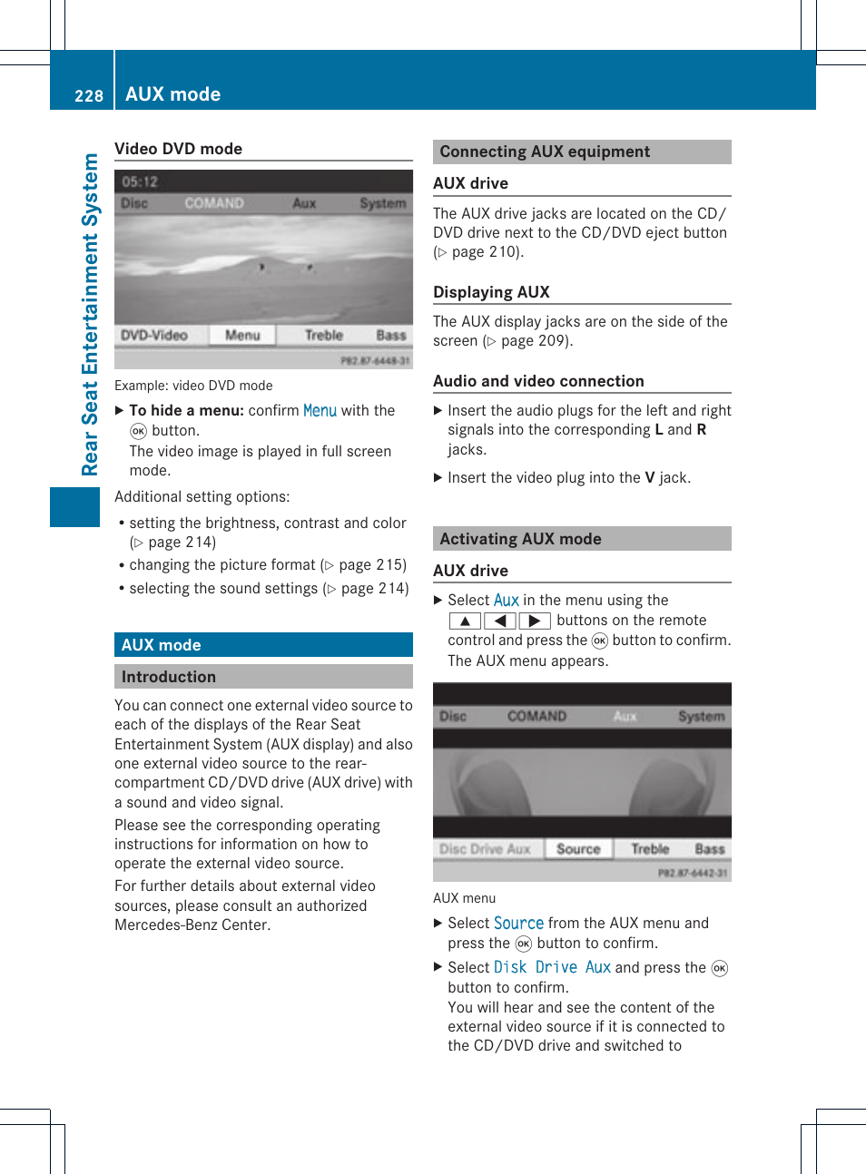 Rear se at en tertai nme nt sys tem, Aux mode | Mercedes-Benz C-Coupe 2012 COMAND Manual User Manual | Page 230 / 234