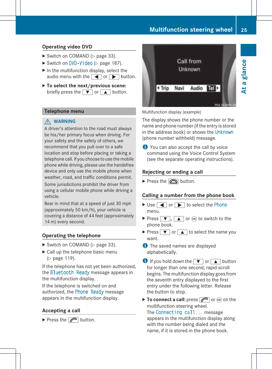 At a glance, Multifunction steering wheel | Mercedes-Benz C-Coupe 2012 COMAND Manual User Manual | Page 27 / 234