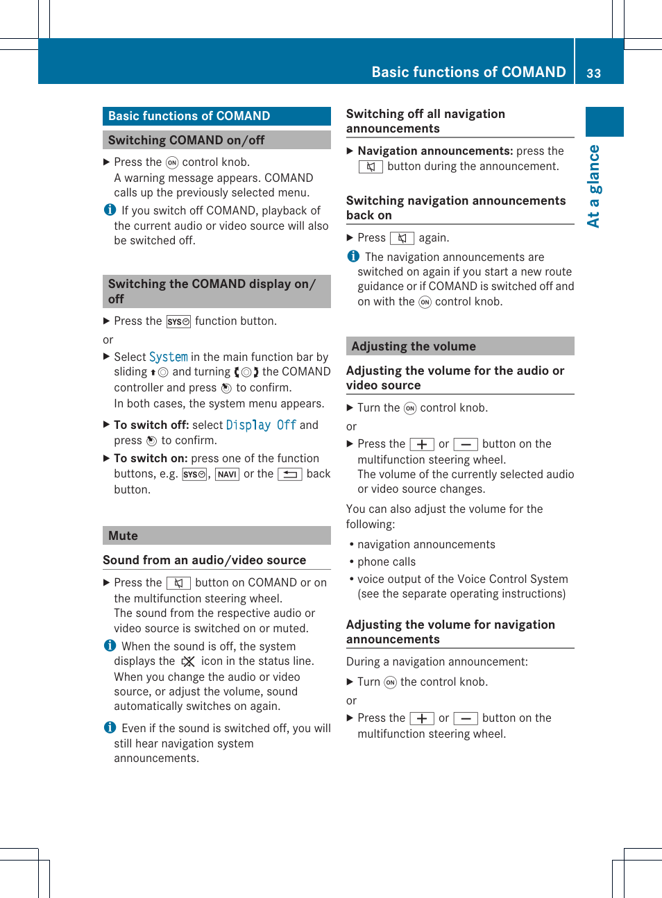 At a glance, Basic functions of comand | Mercedes-Benz C-Coupe 2012 COMAND Manual User Manual | Page 35 / 234