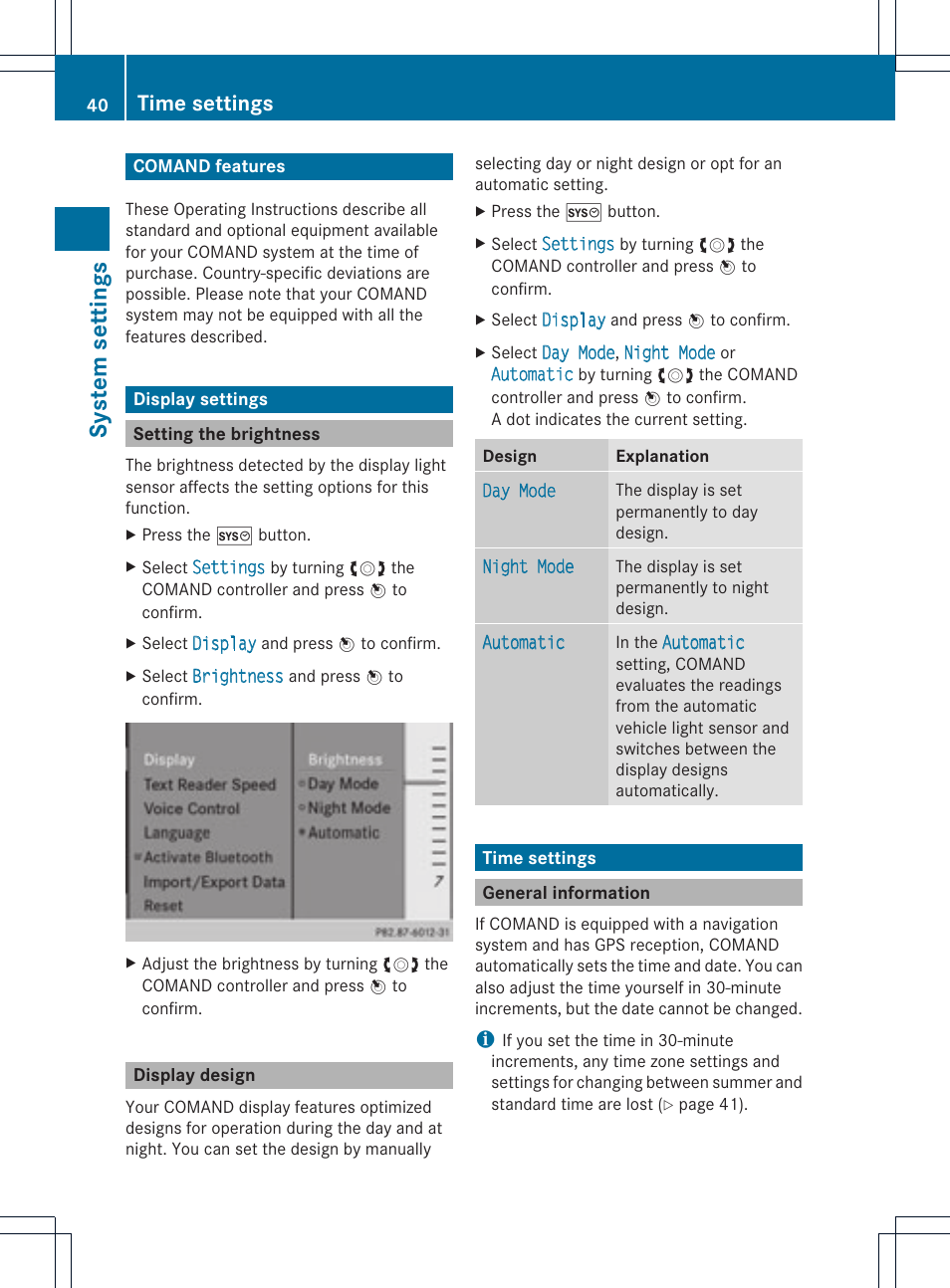 System settings, Time settings | Mercedes-Benz C-Coupe 2012 COMAND Manual User Manual | Page 42 / 234