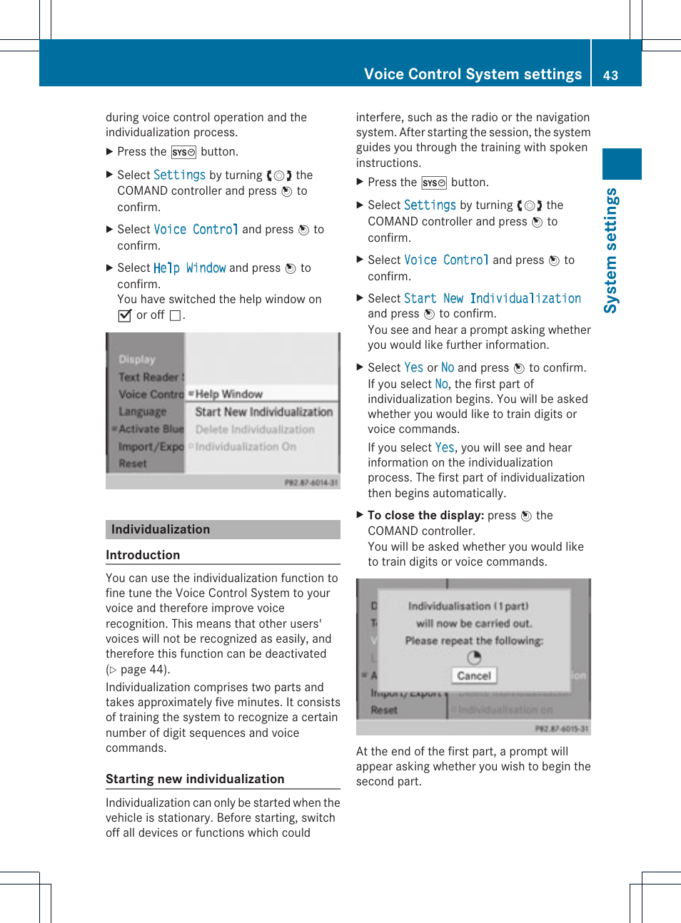 Syst em sett ings, Voice control system settings | Mercedes-Benz C-Coupe 2012 COMAND Manual User Manual | Page 45 / 234
