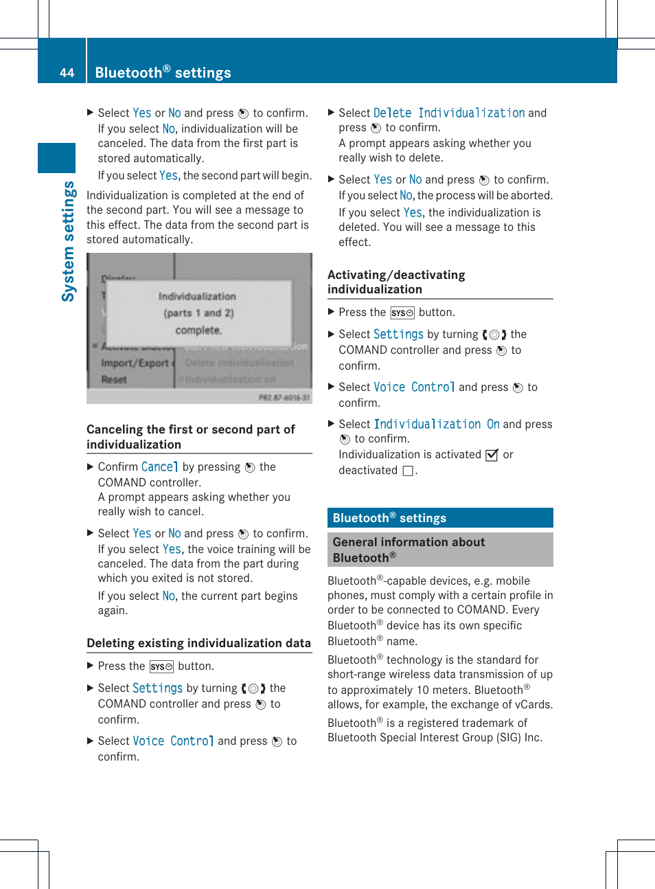 System settings, Bluetooth, Settings | Mercedes-Benz C-Coupe 2012 COMAND Manual User Manual | Page 46 / 234