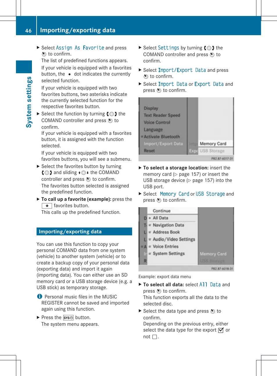 Sys tem se tting s, Importing/exporting data | Mercedes-Benz C-Coupe 2012 COMAND Manual User Manual | Page 48 / 234
