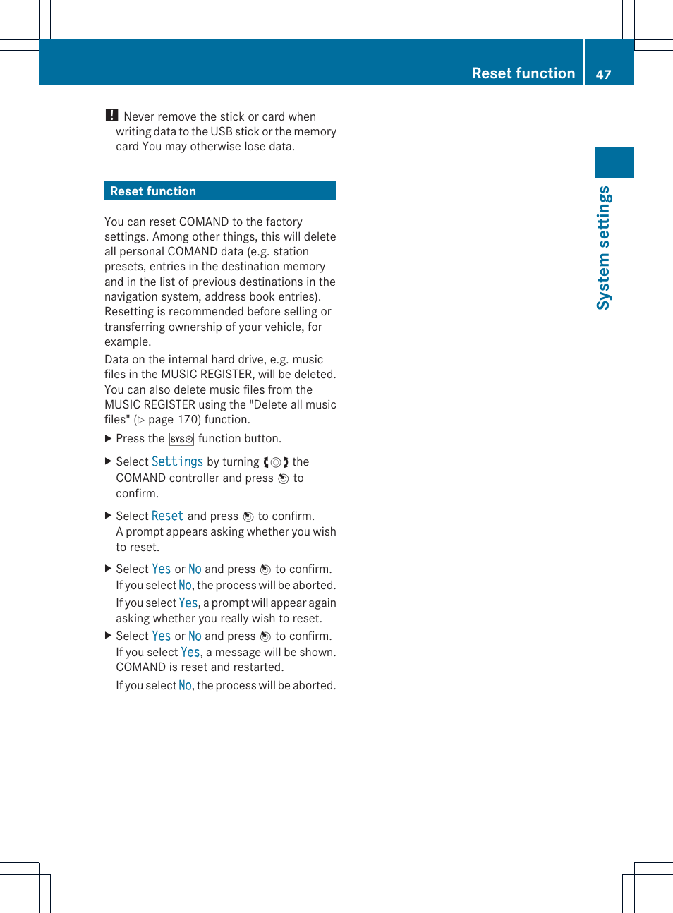 System settings, Reset function | Mercedes-Benz C-Coupe 2012 COMAND Manual User Manual | Page 49 / 234