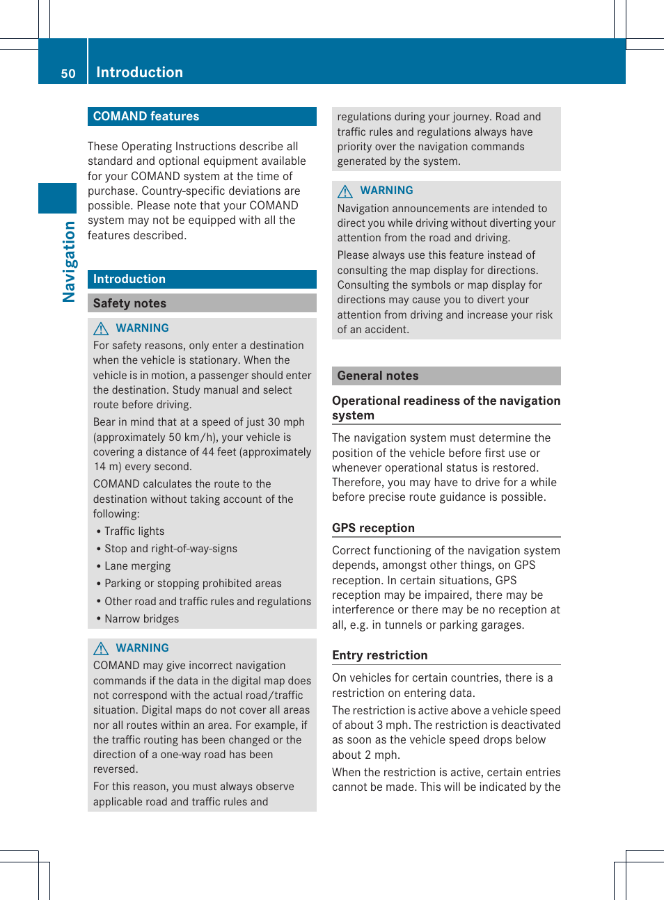 Na vigat ion, Introduction | Mercedes-Benz C-Coupe 2012 COMAND Manual User Manual | Page 52 / 234
