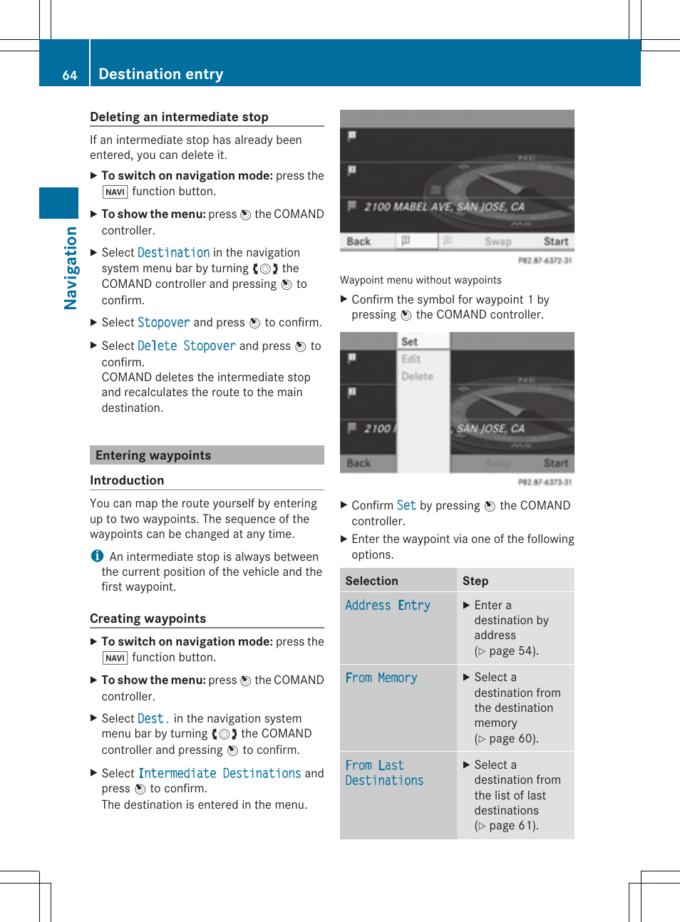 Na vigat ion, Destination entry | Mercedes-Benz C-Coupe 2012 COMAND Manual User Manual | Page 66 / 234