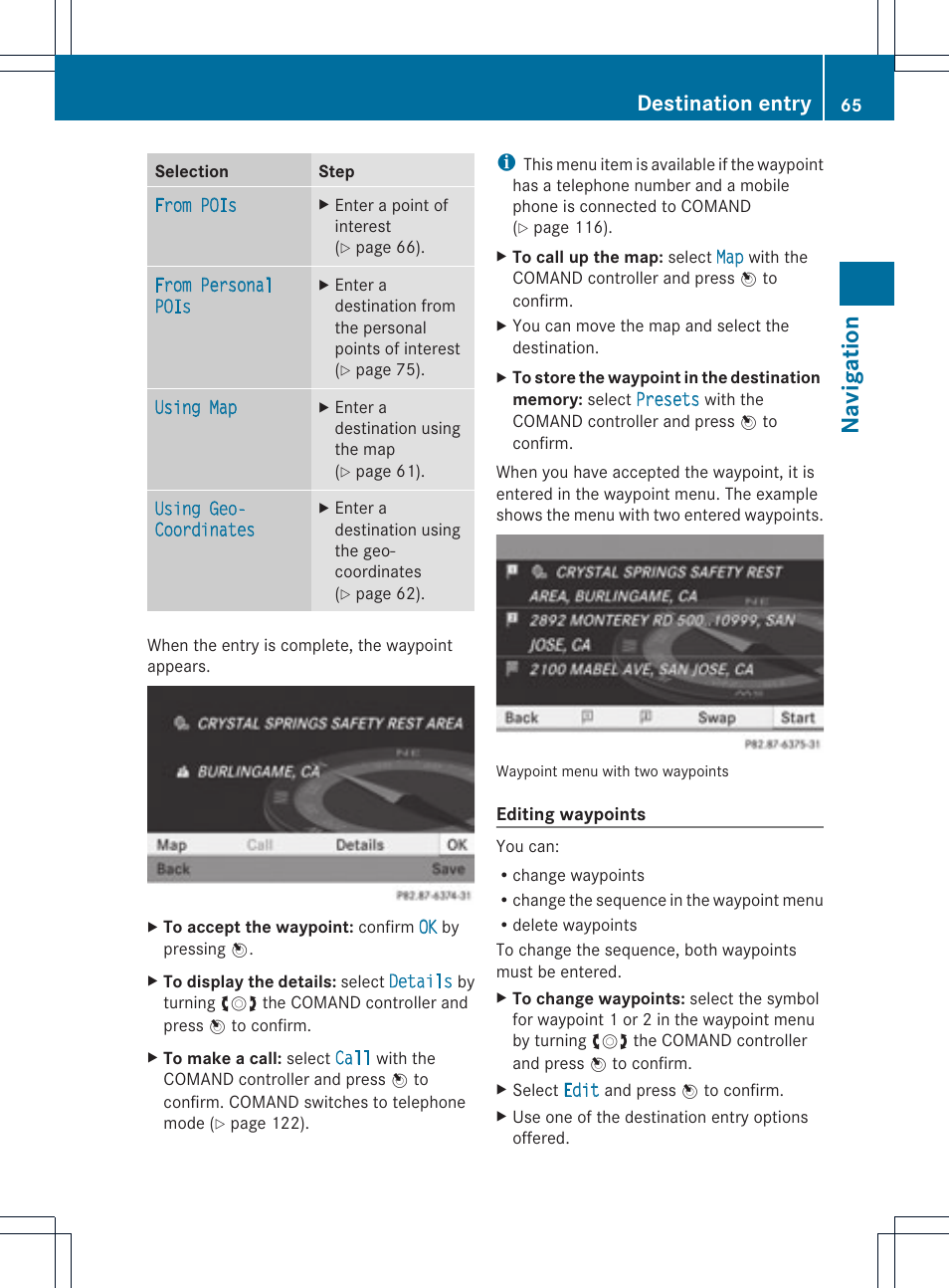 Navigat ion, Destination entry | Mercedes-Benz C-Coupe 2012 COMAND Manual User Manual | Page 67 / 234