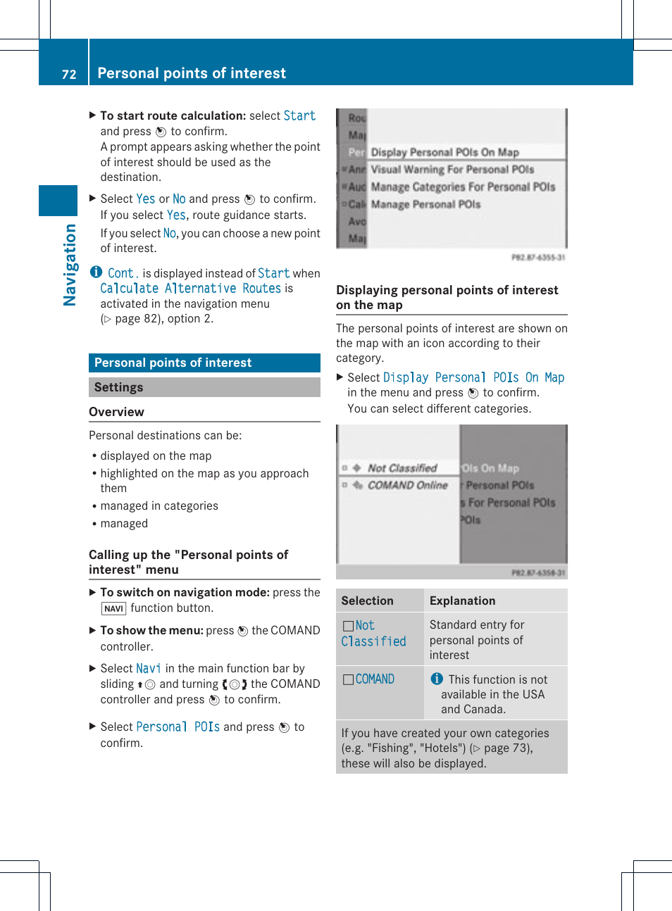 Navigat ion, Personal points of interest | Mercedes-Benz C-Coupe 2012 COMAND Manual User Manual | Page 74 / 234
