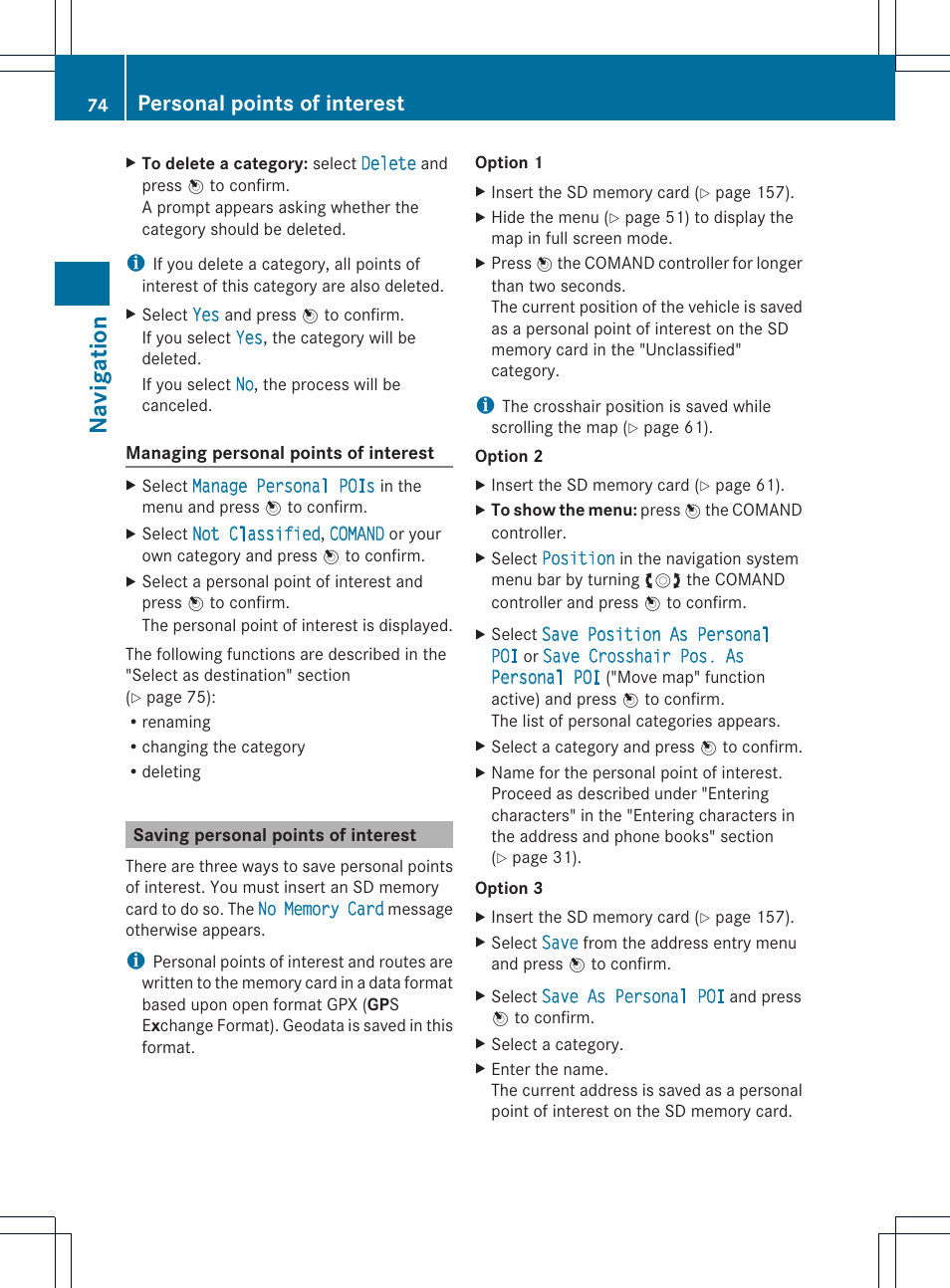 Navigat ion, Personal points of interest | Mercedes-Benz C-Coupe 2012 COMAND Manual User Manual | Page 76 / 234
