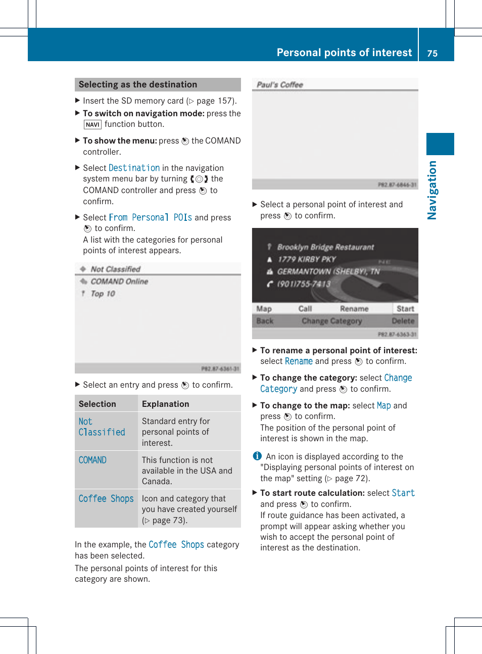 Na vigat ion, Personal points of interest | Mercedes-Benz C-Coupe 2012 COMAND Manual User Manual | Page 77 / 234