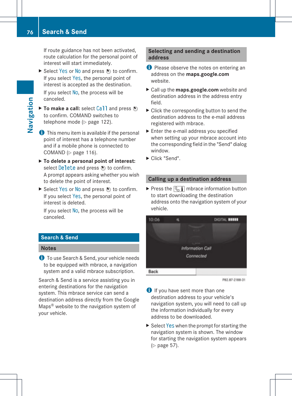 Navi ga tio n, Search & send | Mercedes-Benz C-Coupe 2012 COMAND Manual User Manual | Page 78 / 234