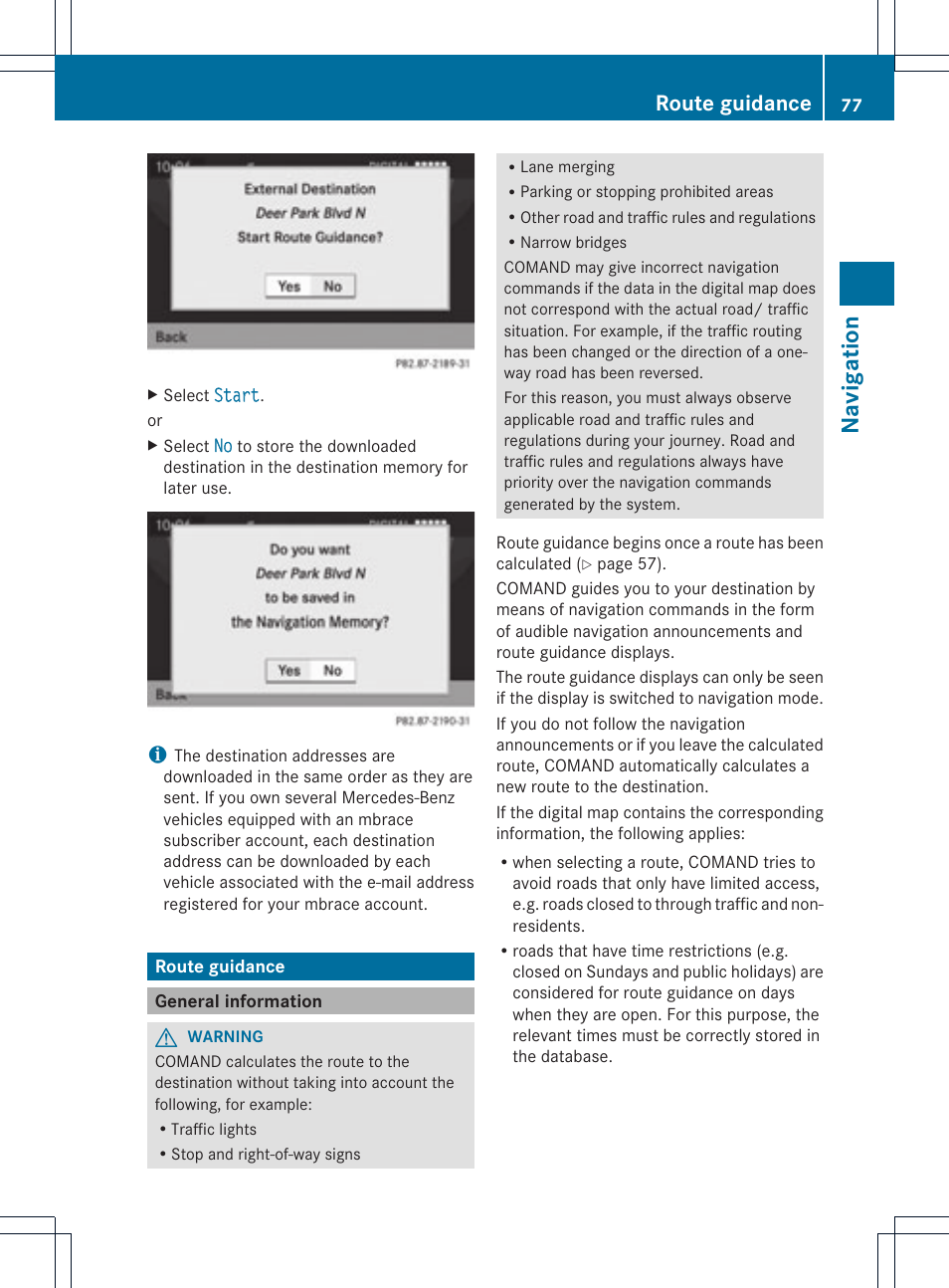 Na vigation, Route guidance | Mercedes-Benz C-Coupe 2012 COMAND Manual User Manual | Page 79 / 234