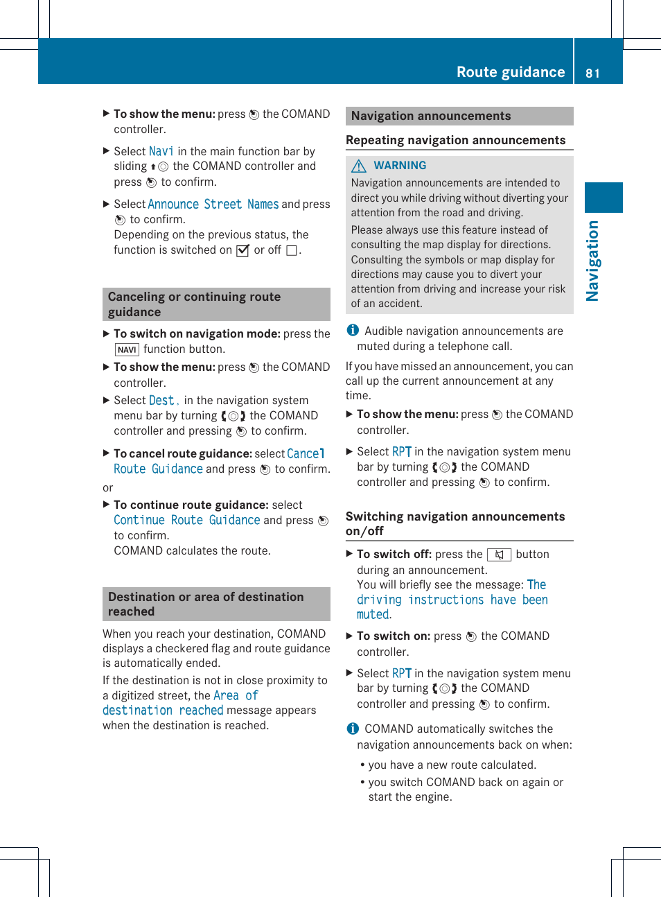 Navigat ion, Route guidance | Mercedes-Benz C-Coupe 2012 COMAND Manual User Manual | Page 83 / 234